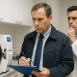 Un inspector de sanidad, apuntando notas y el doctor detras del inspector, preocupado.