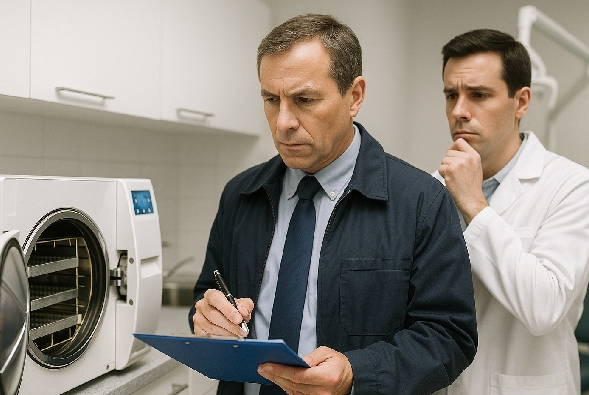 Un inspector de sanidad, apuntando notas y el doctor detras del inspector, preocupado.